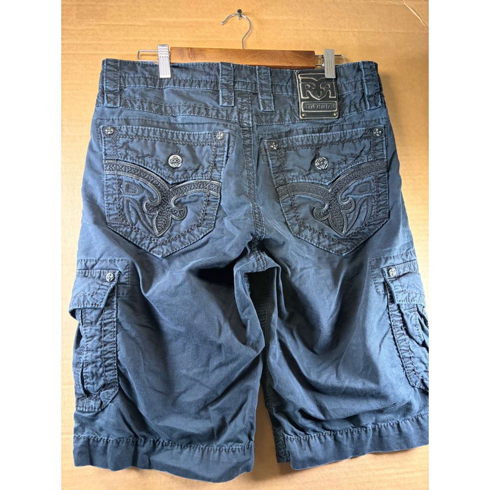 Rock Revival Cargo Shorts Mens 32 Black Classic Fit Cotton Embroidered Pockets